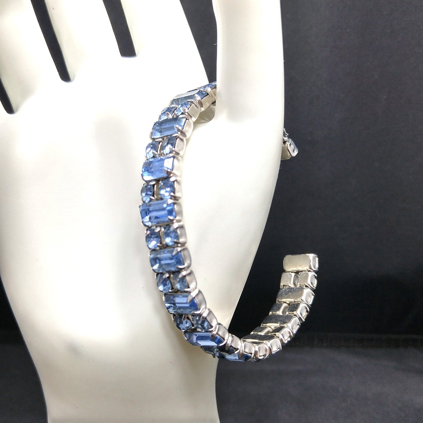 Weiss Baby Blue Rhinestone Cuff Bracelet – 1960s Baguette & Chaton Cut Rhodium Plated