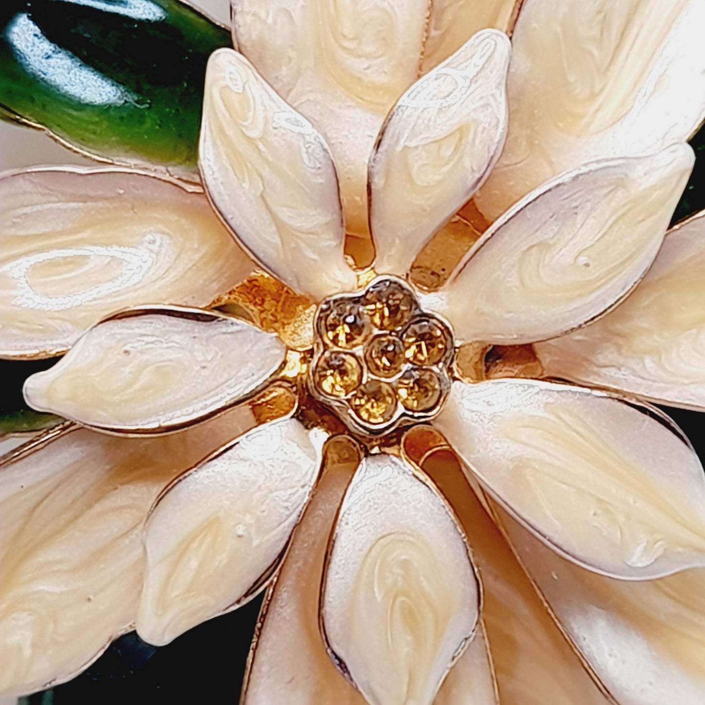 Vintage 1960s Peachy White Green Enamel Poinsettia Brooch