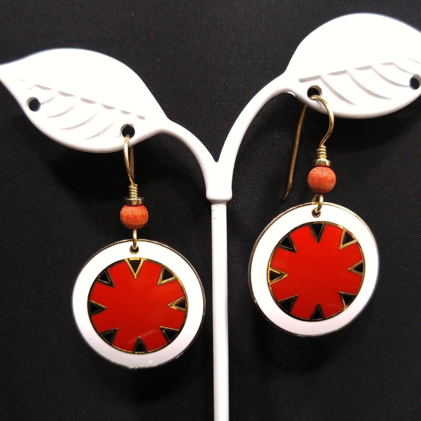 Vintage Laurel Burch "Myth" Earrings, Gold Plated Cloisonne, Red White Black