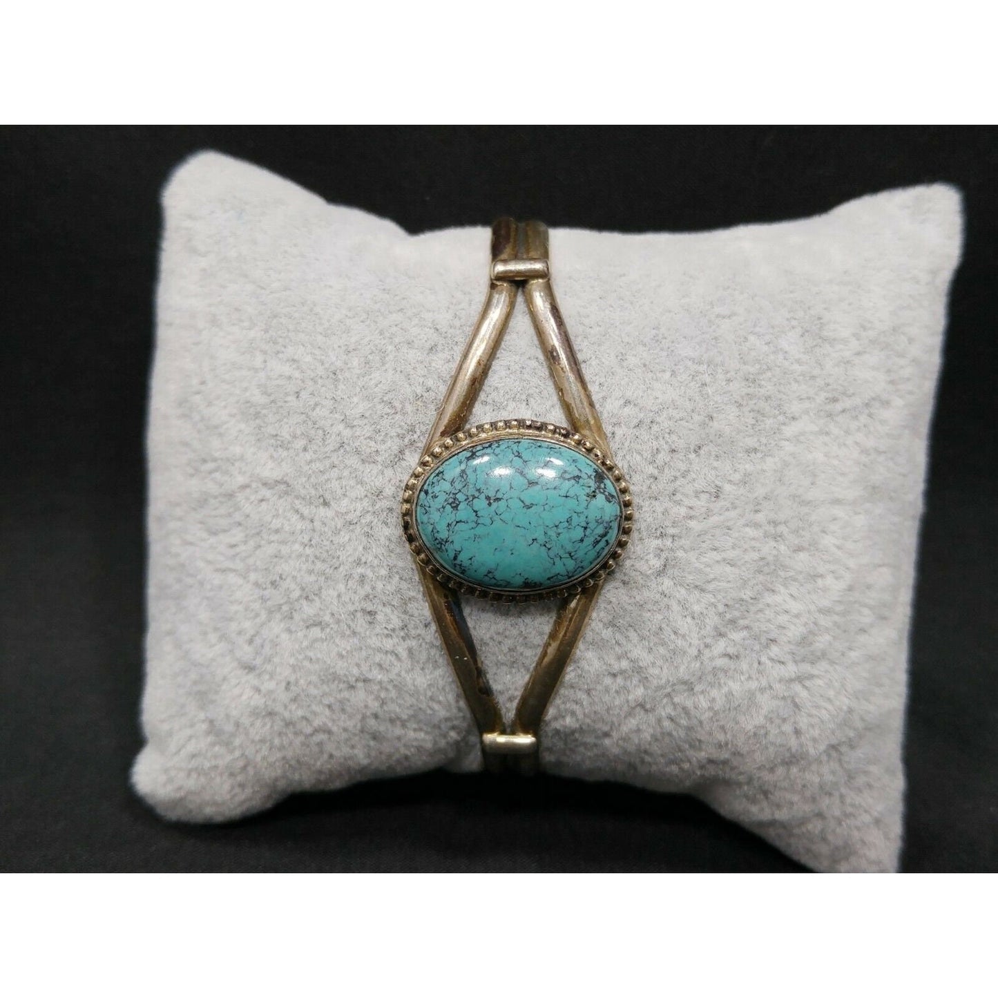 Vintage Sterling Silver Turquoise Cabochon Cuff Bracelet Signed Sterling B