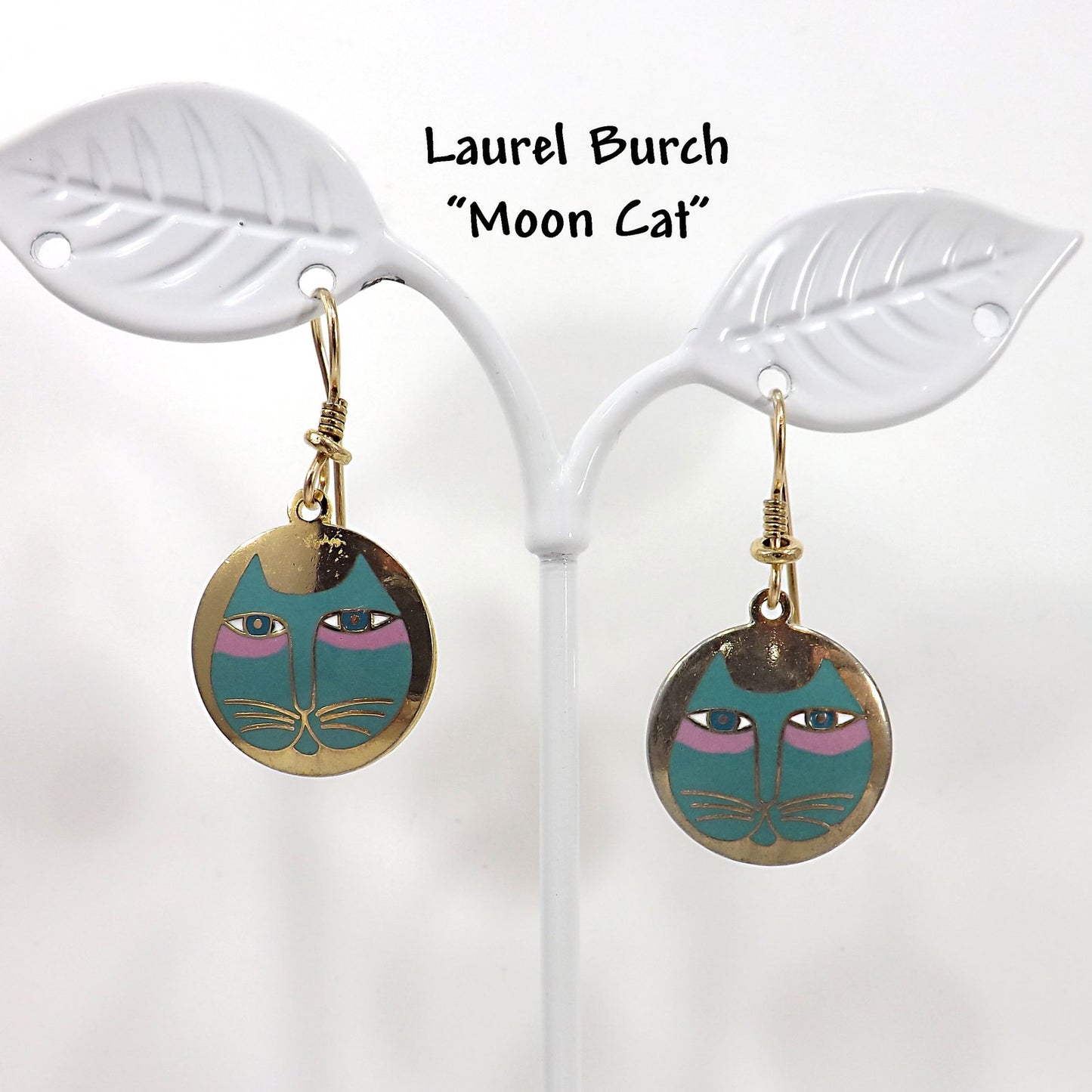 Vintage Laurel Burch "Moon Cat" Earrings, Teal Pink & Gold Cats