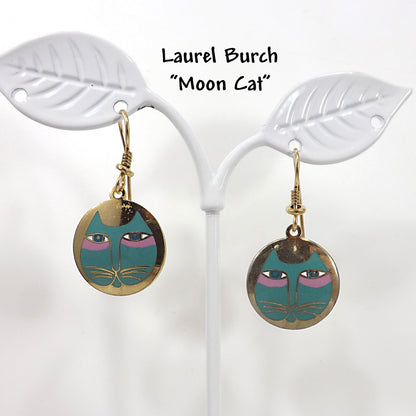 Vintage Laurel Burch "Moon Cat" Earrings, Teal Pink & Gold Cats