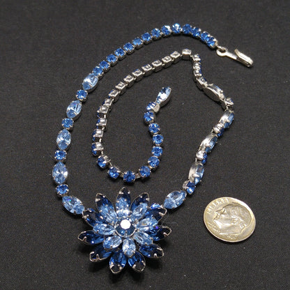Vintage Kramer of New York Blue Rhinestone Flower Choker Necklace 1950s