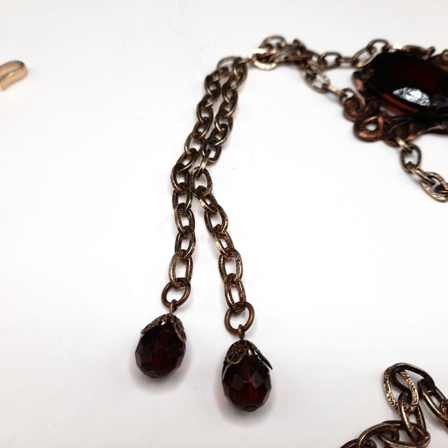 Vintage Hong Kong Boho Chain Belt Brown Glass Stones 32" Filigree 1960s