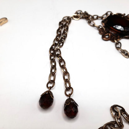 Vintage Hong Kong Boho Chain Belt Brown Glass Stones 32" Filigree 1960s