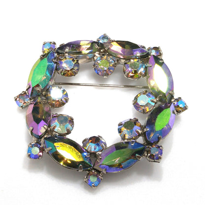 Blue Vitrail Rhinestone Wreath Brooch, 1960s Vintage Jewelry, Rhodium Plated