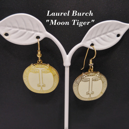 Laurel Burch "Moon Tiger" White Drop Earrings, Gold Plated Cloisonné, White Enamel, 1980s Vintage Jewelry