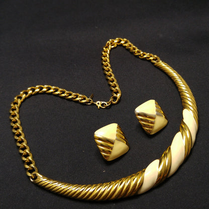 Monet Cream Enamel Necklace Earrings, Gold Plated, 1960s Vintage Jewelry