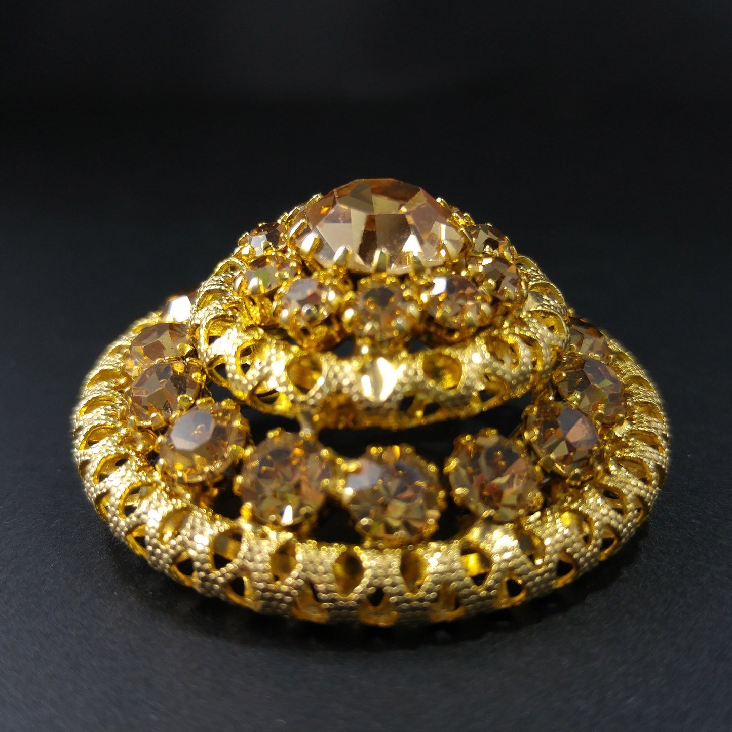 Vintage Austrian Crystal Light Topaz Domed Brooch Earrings Set, Gold Plated 1950s Vintage Jewelry