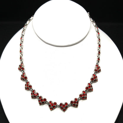 Vintage Bogoff Heart Red Rhinestone Choker Necklace, Rhodium Plated, 1950s