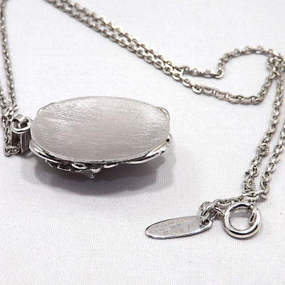 Vintage Whiting & Davis Pendant Necklace Easter Egg Glass Cabochon Silver Tone Floral Frame Vintage Jewelry