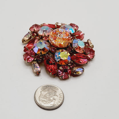 Vintage Pink Rhinestone Brooch, Dragon’s Breath Glass, Gold Tone, 1950s
