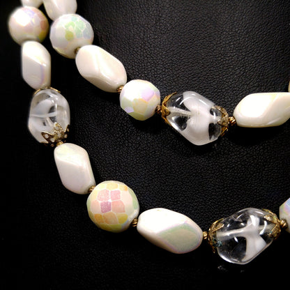 Vintage Czech White Glass Beaded Necklace, Art Glass Beads, 12K GF Clasp, 1950s Vintage Jewelry