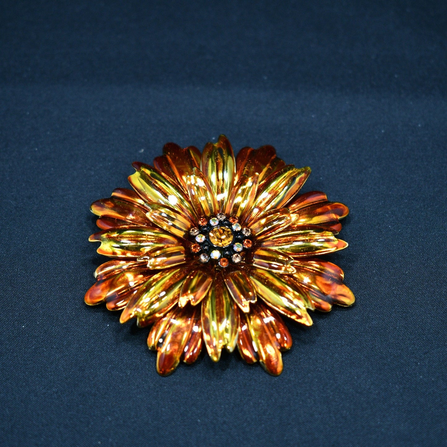 Joan Rivers Orange Gold Plated Floral Brooch, Rhinestone Center, 1990s