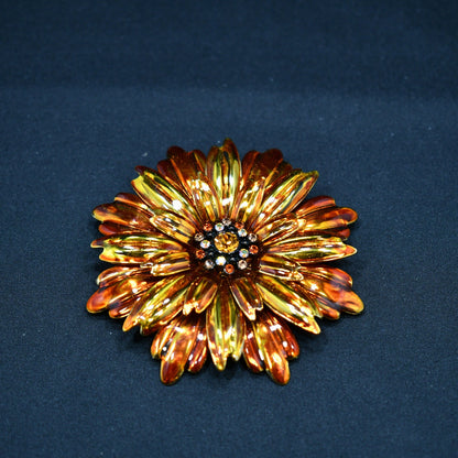 Joan Rivers Orange Gold Plated Floral Brooch, Rhinestone Center, 1990s