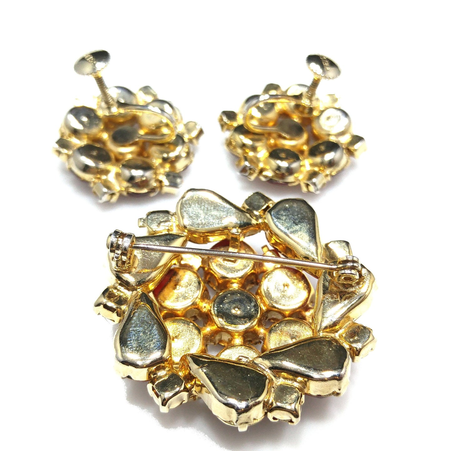 Vintage Weiss Red Rhinestone Brooch & Earrings, Gold Plated, 1950s