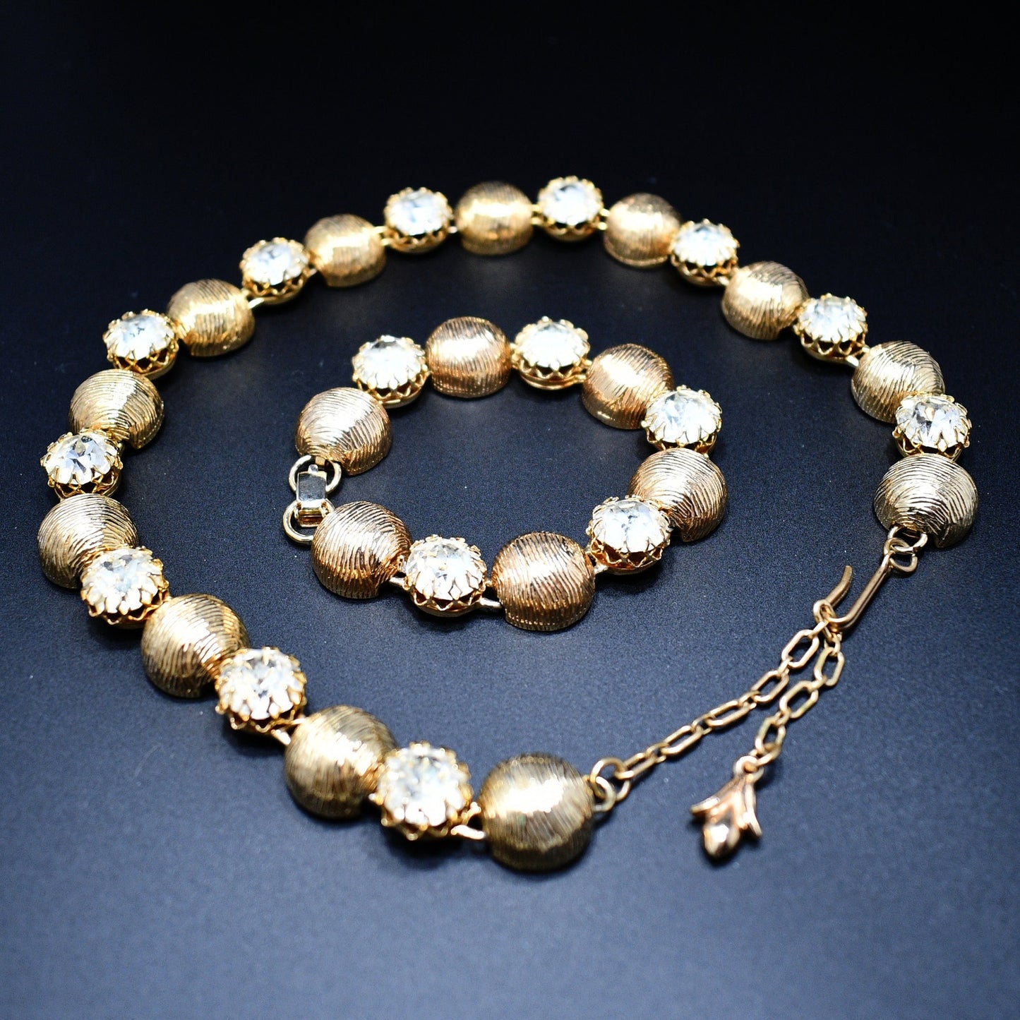 Kramer Necklace & Bracelet Set, Gold Plated, Headlight Diamante Rhinestones, 1960s Vintage Jewelry