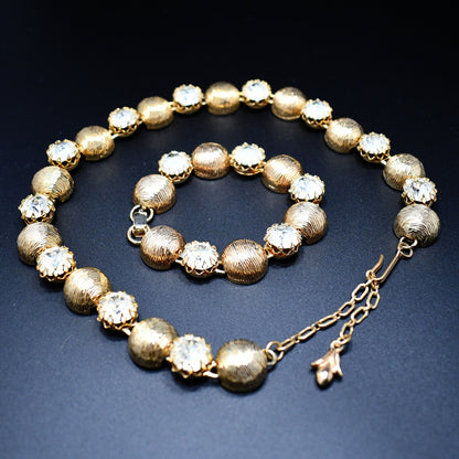 Kramer Necklace & Bracelet Set, Gold Plated, Headlight Diamante Rhinestones, 1960s Vintage Jewelry