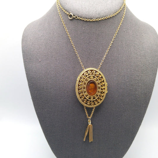 Glass Cameo Perfume Locket Necklace, 30" Chain, 1960s Vintage Jewelry