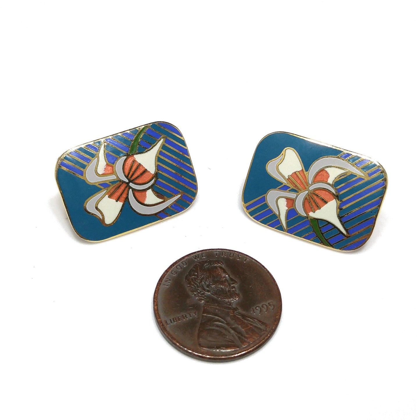 Vintage Laurel Burch "Iris" Clip On Earrings, Gold Plated Cloisonné Enamel, 1980