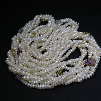 Sand Pearls & Gemstones Long Twisted Necklace, 4 Strands, No Clasp, 1970s Vintage Jewelry