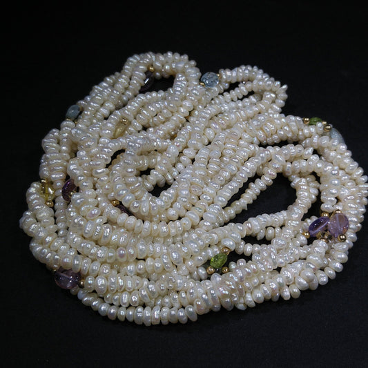 Sand Pearls & Gemstones Long Twisted Necklace, 4 Strands, No Clasp, 1970s Vintage Jewelry