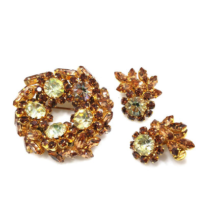 Schoffel Austria Topaz Jonquil Rhinestone Brooch & Earrings, Gold Plated, 1950s Vintage Jewelry