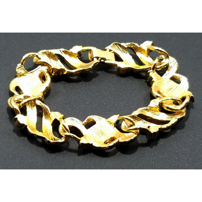 Vintage Crown Trifari Gold Plated Black Enamel Bracelet, Clear Rhinestones, 1960