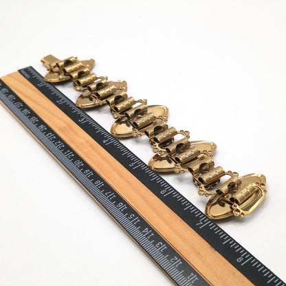 Mid-Century Enamel Book Chain Bracelet, Green Brown White Gold, 1950s Vintage Jewelry