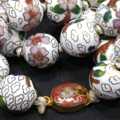 Vintage Cloisonne Beaded Necklace, Hand Knotted, Hand Painted Floral Beads, 1960s Vintage Jewelry