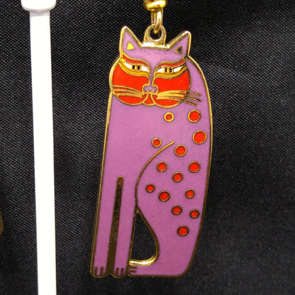 Laurel Burch "Siamese Cats" Long Earrings, Gold Plated, Purple Enamel, 1980s Vintage Jewelry