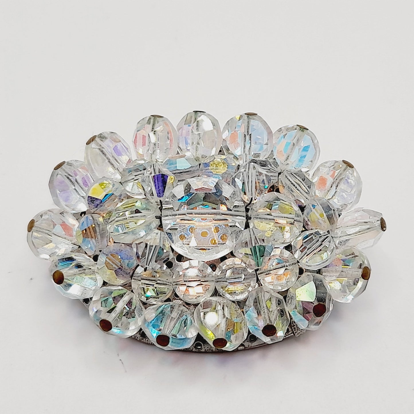 Vintage 1960s Crystal Aurora Borealis Faceted Bead Oval Brooch – 2 Inch Pin