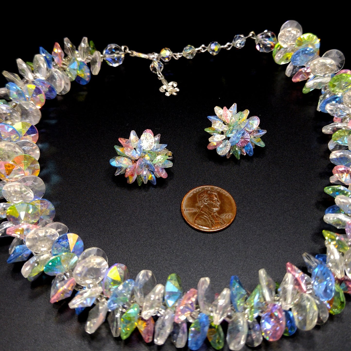 Vendome Pastel Lucite Beaded Necklace & Earrings, Aurora Borealis, 1960s Vintage Jewelry