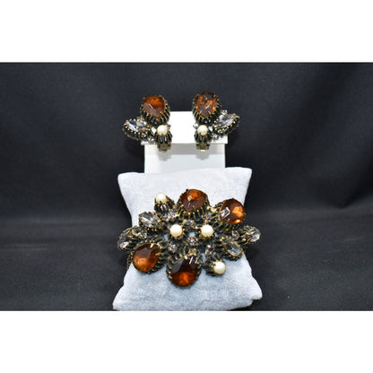 Hobe' Rhinestone Cuff Bracelet & Clip Earrings, Topaz Clear Rhinestone, Faux Pearls, 1950s