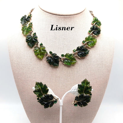 Vintage Lisner Rhinestone Lucite Necklace Earrings Set, Green Molded Leaves Jewelry, 1960s
