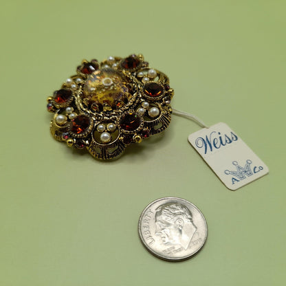 Vintage Weiss Fire Opal Dragons Breath Topaz Brooch Pendant, Faux Pearls, 1960s