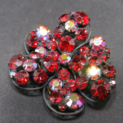 Vintage Regency Red Rhinestone Japanned Brooch, Aurora Borealis, 1960s Vintage Jewelry