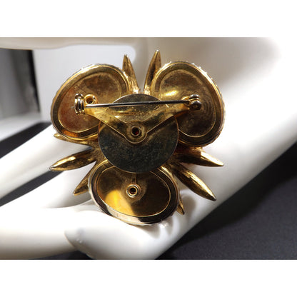 Red Rhinestone Orange Cabs Designer Brooch, Dog Tooth Cabochons, 1960s Vintage Jewelry