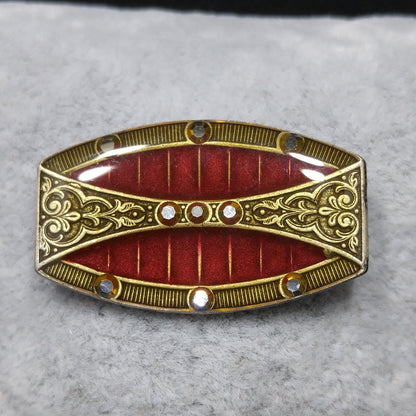 Catherine Popesco Red Enamel Art Deco Brooch, Rhinestones Under Enamel, France, 1980s Vintage Jewelry