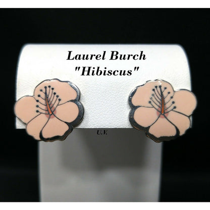 Laurel Burch "Hibiscus" Pink Post Earrings, Rhodium Plated Silver Tone, 1980s