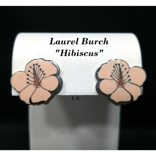 Laurel Burch "Hibiscus" Pink Post Earrings, Rhodium Plated Silver Tone, 1980s