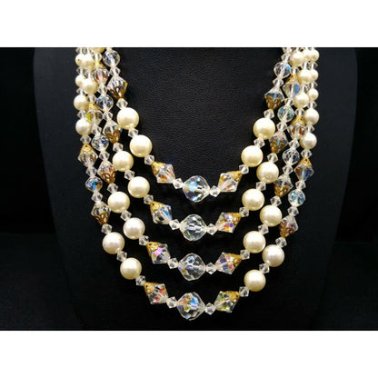 Mid Century AB Crystal Bead Necklace, Faux Pearls, Aurora Borealis, 1960s