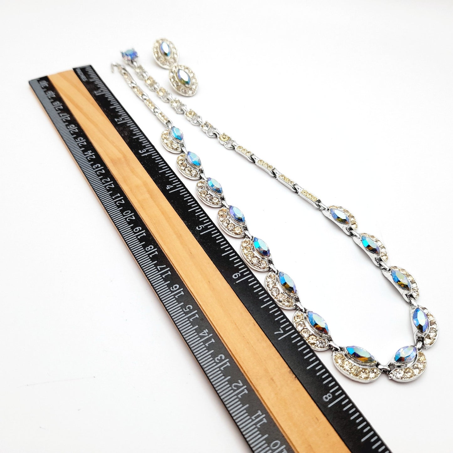 Bogoff Blue Rhinestone Rhodium Plated Choker Necklace Clip Earrings Set