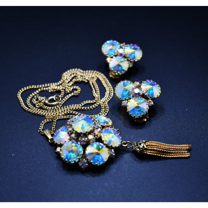 Vintage Rivoli Pendant & Earrings, Aurora Borealis Rhinestones, 1960s Vintage Jewelry