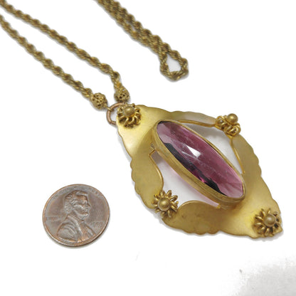 Antique 1900s Purple Glass Pendant Necklace Brass Open Back Art Nouveau Style
