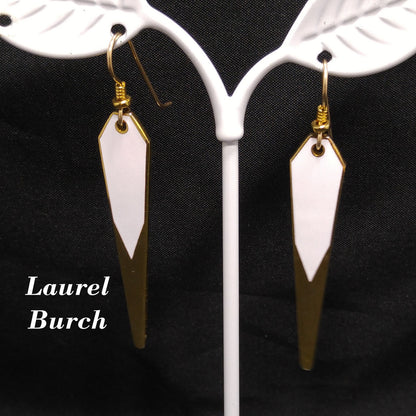 Vintage Laurel Burch Long Earrings, White Enamel, Gold Plated