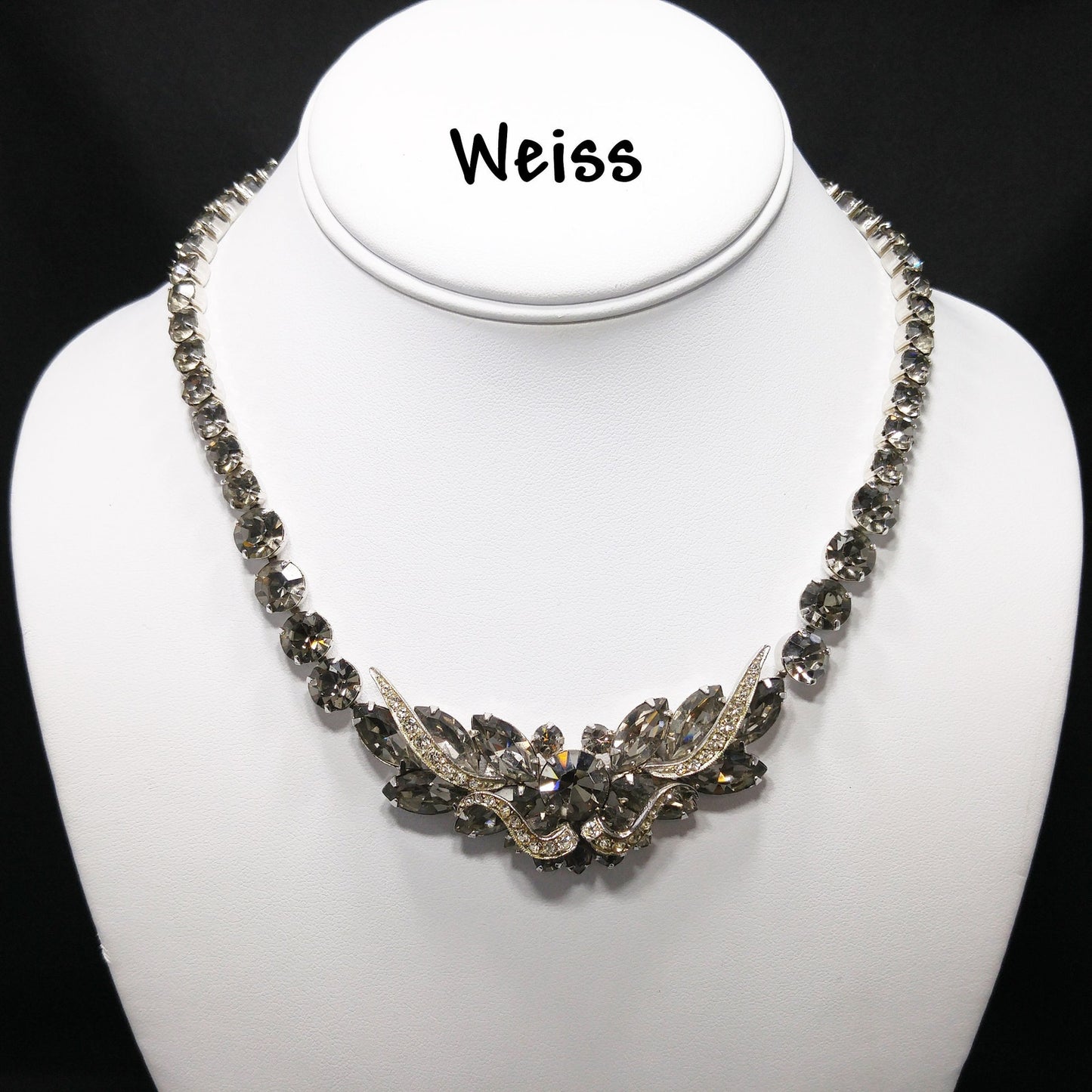 Vintage Weiss Black Diamond Rhinestone Necklace, Rhodium Plated, 1960s