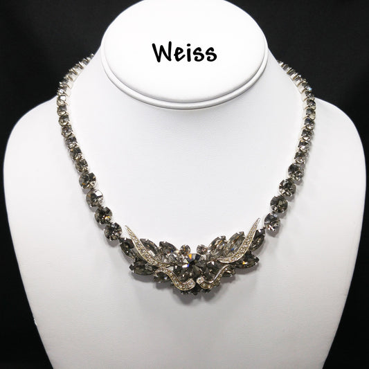 Vintage Weiss Black Diamond Rhinestone Necklace, Rhodium Plated, 1960s