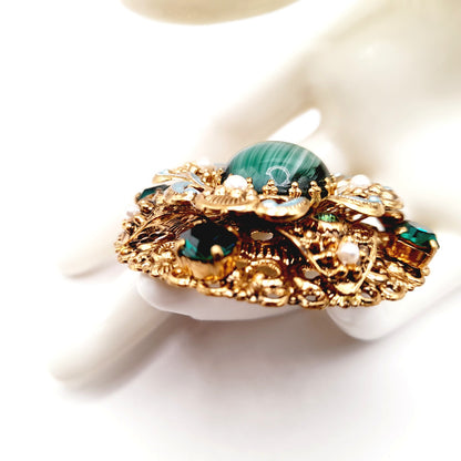 Vintage West Germany 1950s Green Rhinestone Enamel Filigree Faux Pearl Layered Brooch