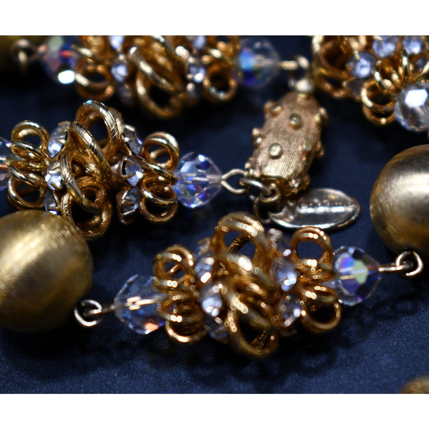 Vendome 1950s Gold Satin & Crystal Cage Bead Necklace | Aurora Borealis & Rhinestone Statement Strand | Vintage Designer Jewelry